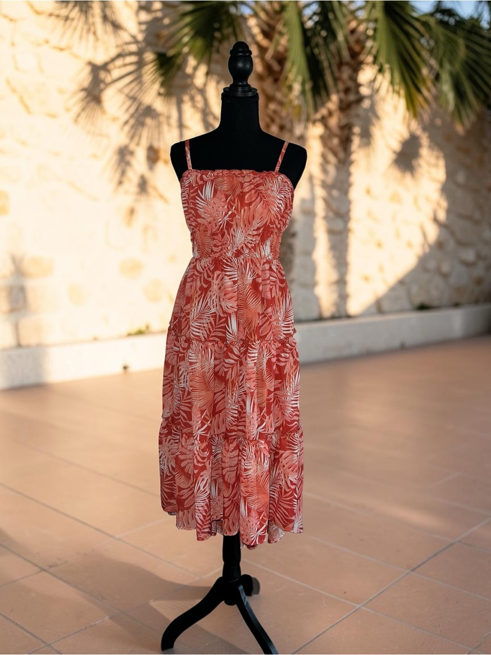 Source Unknown Coral Midi Dress with White Tropical Print